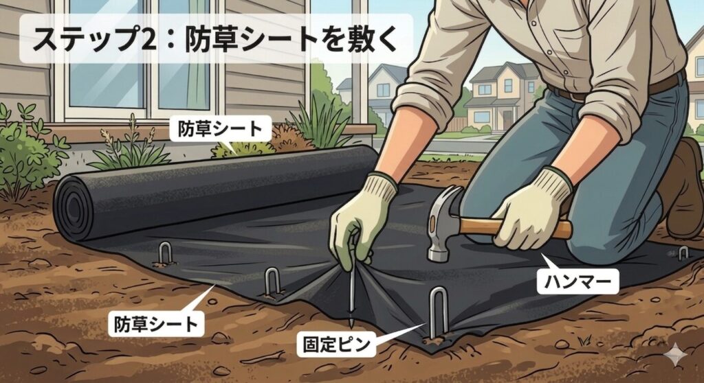 "防草シートを敷いている様子
