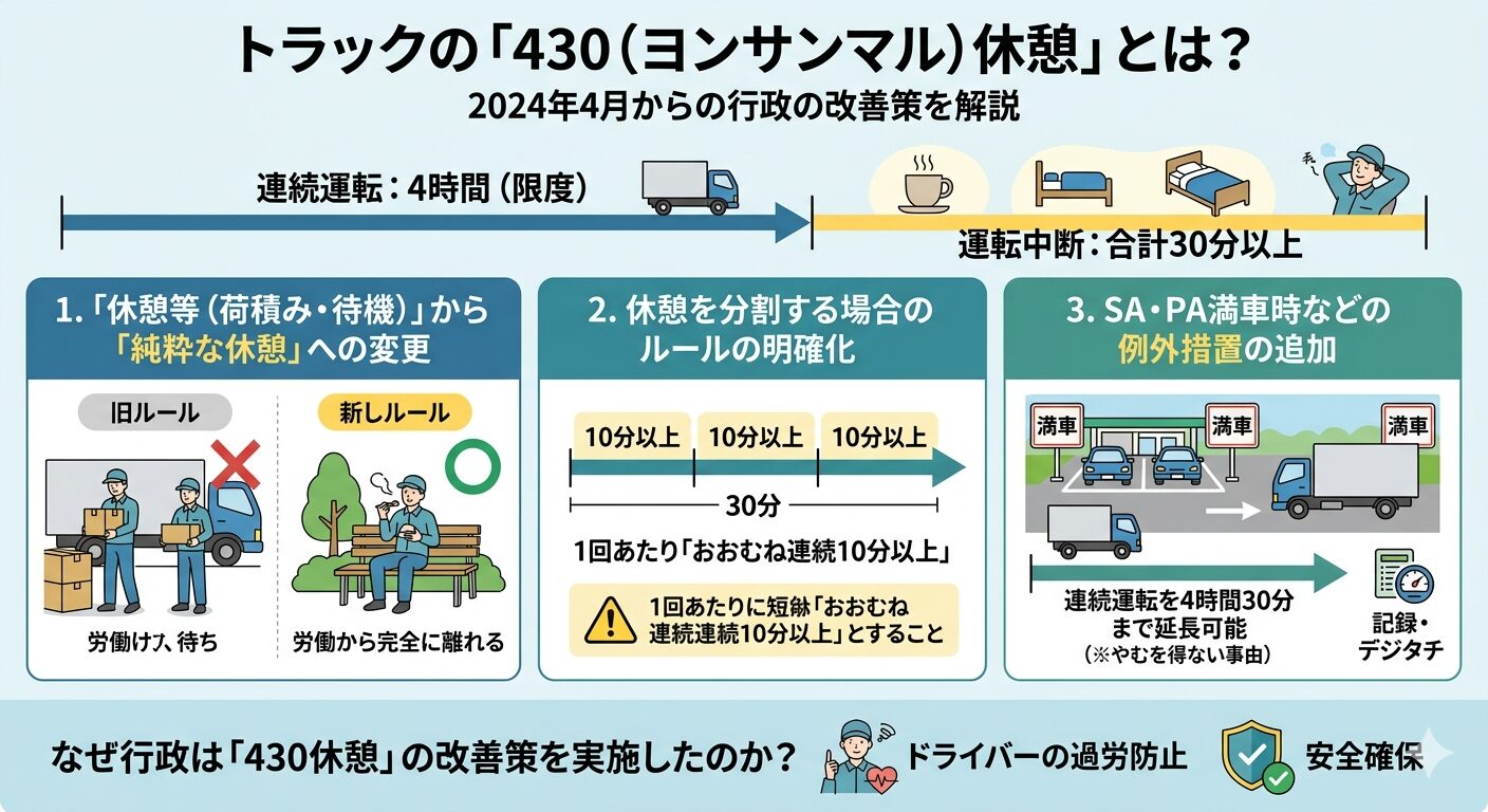 トラックの「430休憩」に関する解説インフォグラフィック。2024年4月を説明。
