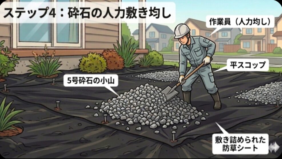 砕石の人力敷き慣らし