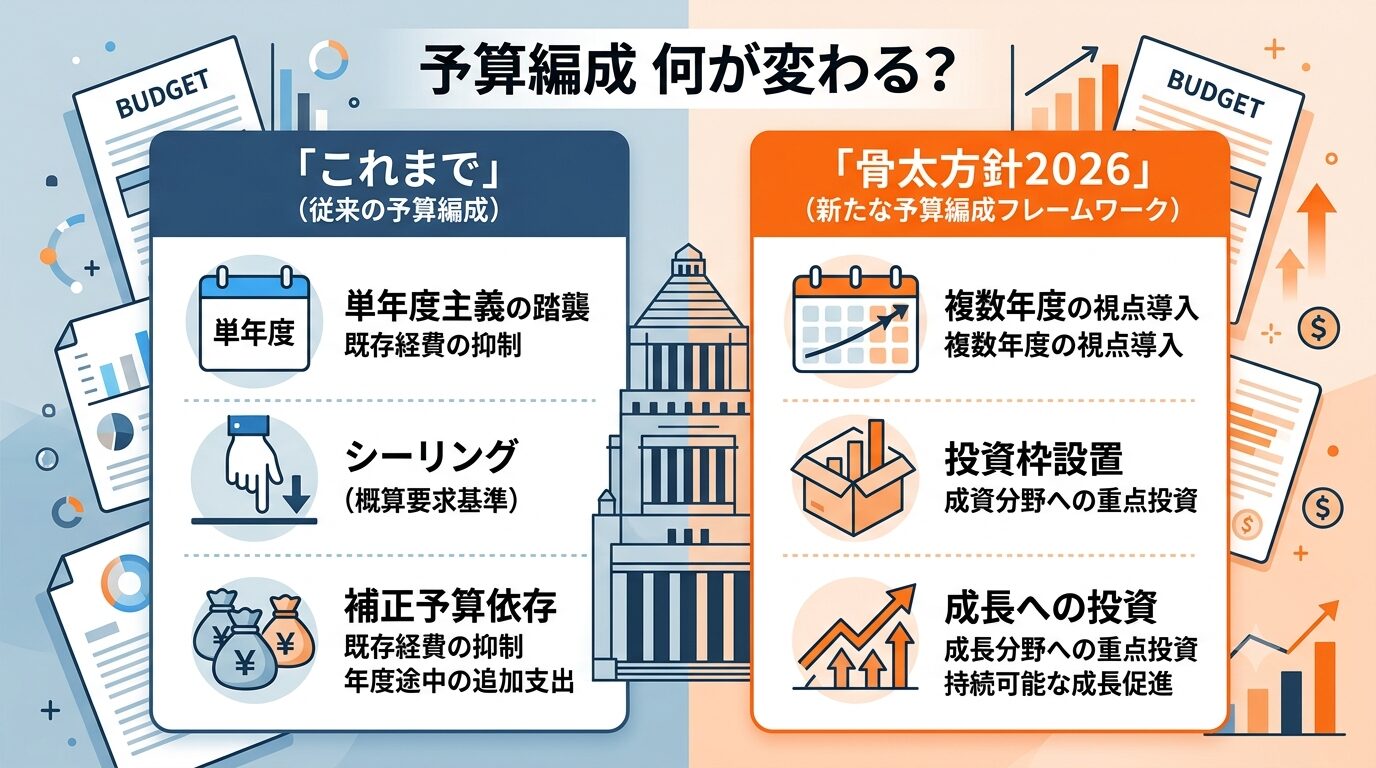 予算編成2026年、これまでとの違いを示すインフォグラフィック