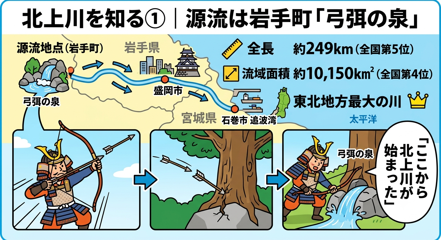 北上川を知る①源流は岩手町「弓弭の泉」インフォグラフィック。地図で源流地点(岩手町)から盛岡市を経て宮城県石巻市追波湾に至る流れを示し、全長約249km(全国第5位)・流域面積約10,150km²(全国第4位)・東北地方最大の川というデータを掲載。下段は源義家が矢を放ち、弓弭で岩を突くと清水が湧き出たという前九年の役の伝説を3コマで紹介