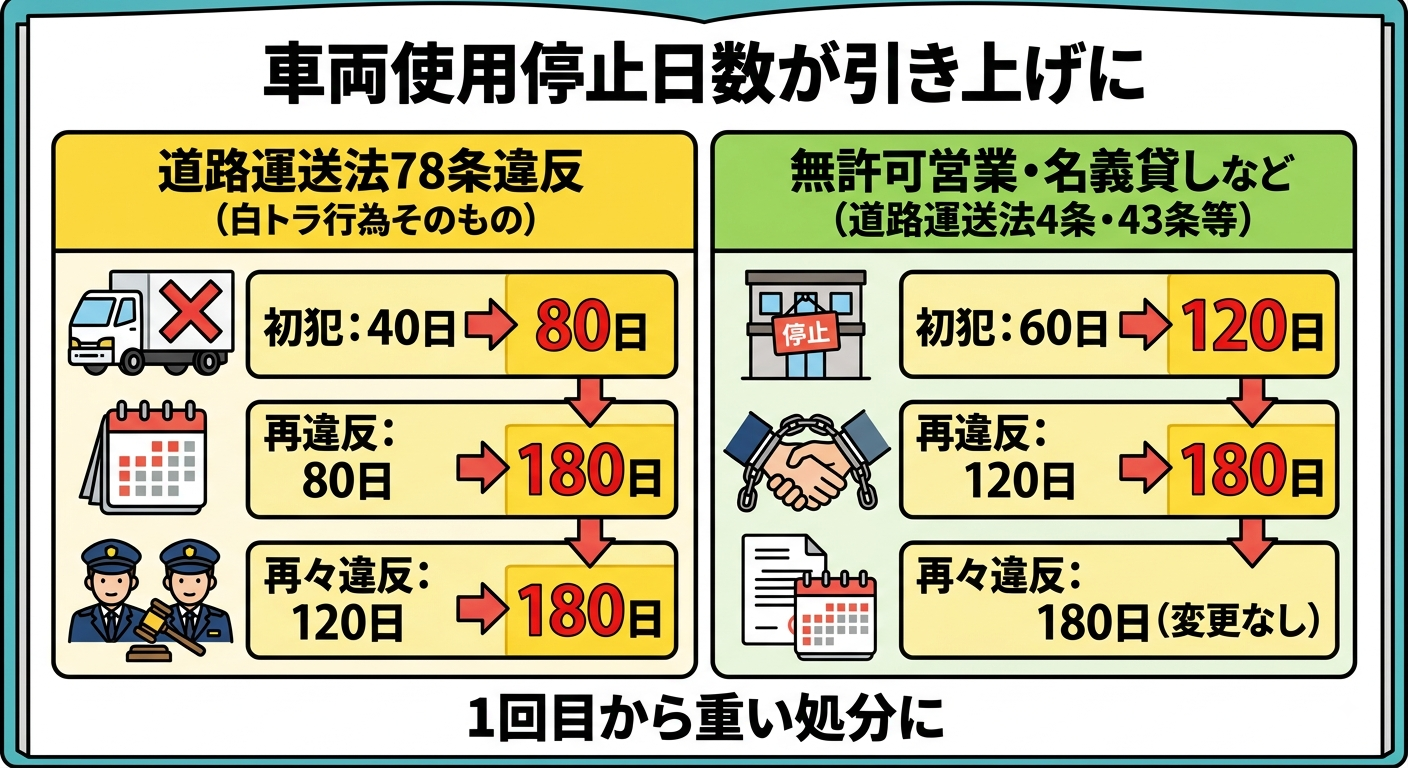 白トラ行為の行政処分、車両使用停止日数が引き上げに。道路運送法78条違反は初犯40日→80日・再違反80日→180日・再々違反120日→180日、無許可営業等は初犯60日→120日・再違反120日→180日に引き上げられるインフォグラフィック