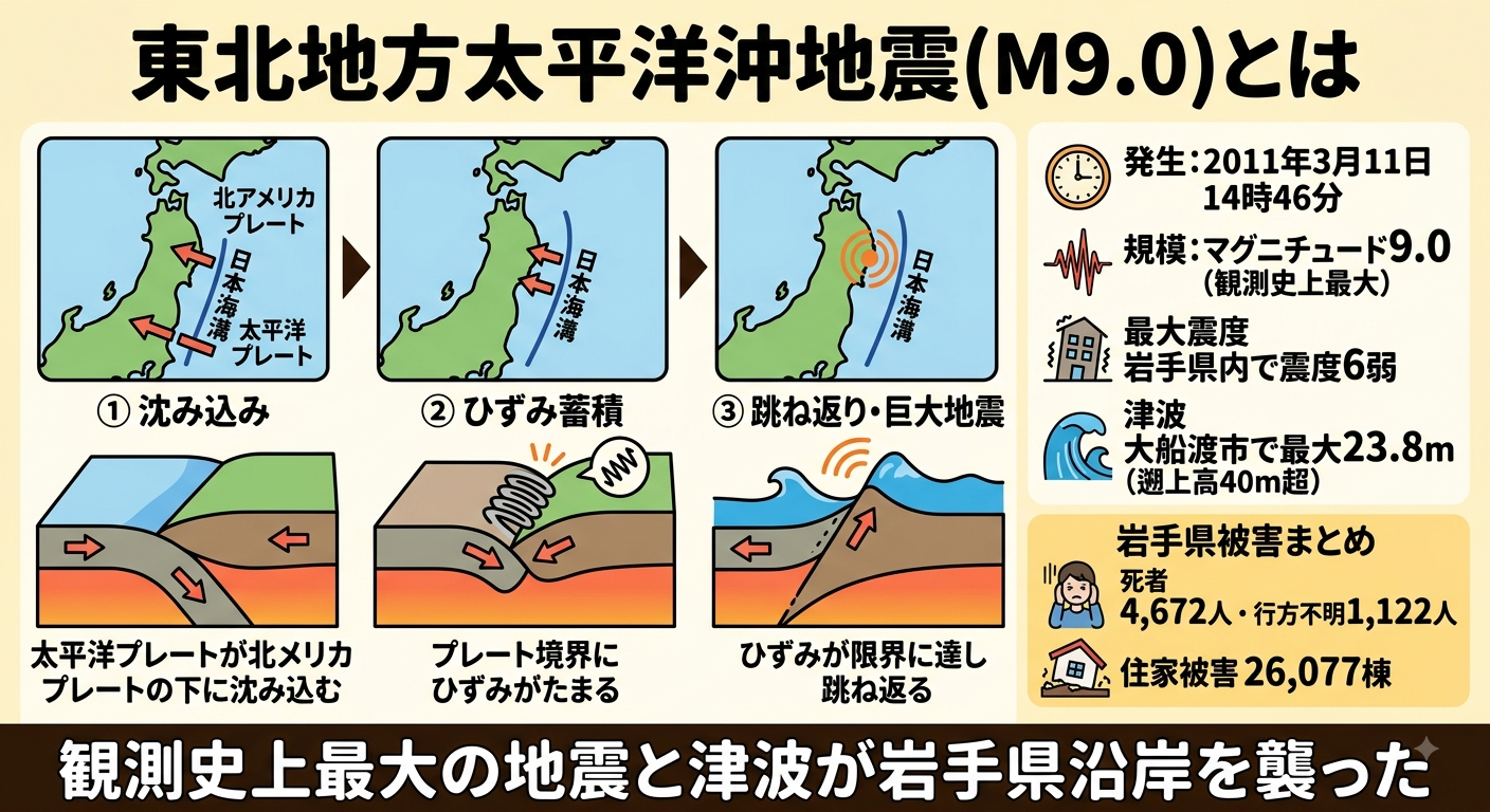 東日本大震災(2011年3月11日)発生のしくみと岩手県の被害インフォグラフィック。太平洋プレートが北アメリカプレートの下に沈み込みひずみが限界に達して跳ね返る海溝型地震のしくみを図解。マグニチュード9.0、最大震度6弱、大船渡市で最大23.8mの津波、岩手県の死者4,672人・行方不明1,122人・住家被害26,077棟のデータを掲載