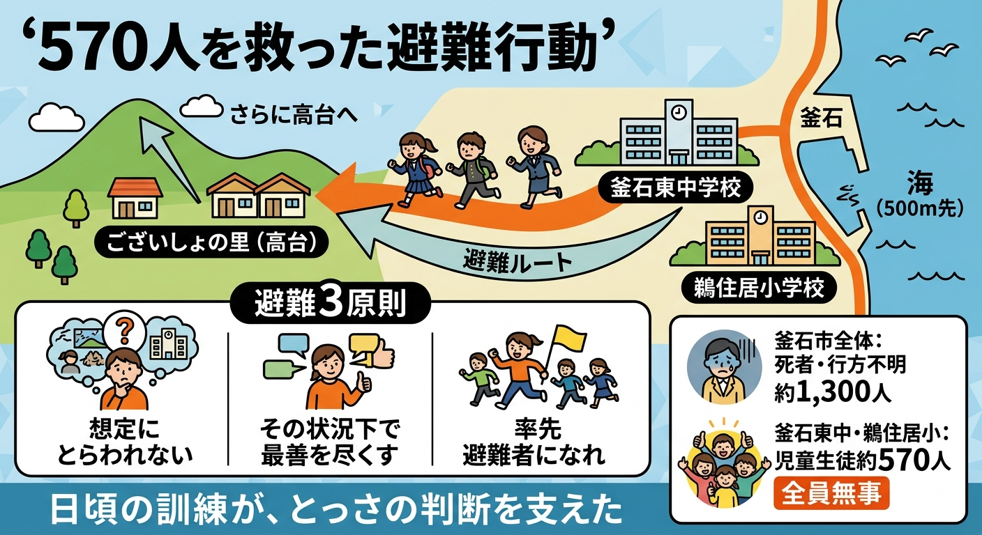 釜石の奇跡と津波てんでんこ・避難3原則インフォグラフィック。海から500mの釜石東中学校・鵜住居小学校から高台ございしょの里へ避難したルートを図解。避難3原則(想定にとらわれない・その状況下で最善を尽くす・率先避難者になれ)を紹介。釜石市全体の死者・行方不明約1,300人に対し、児童生徒約570人は全員無事というデータを掲載