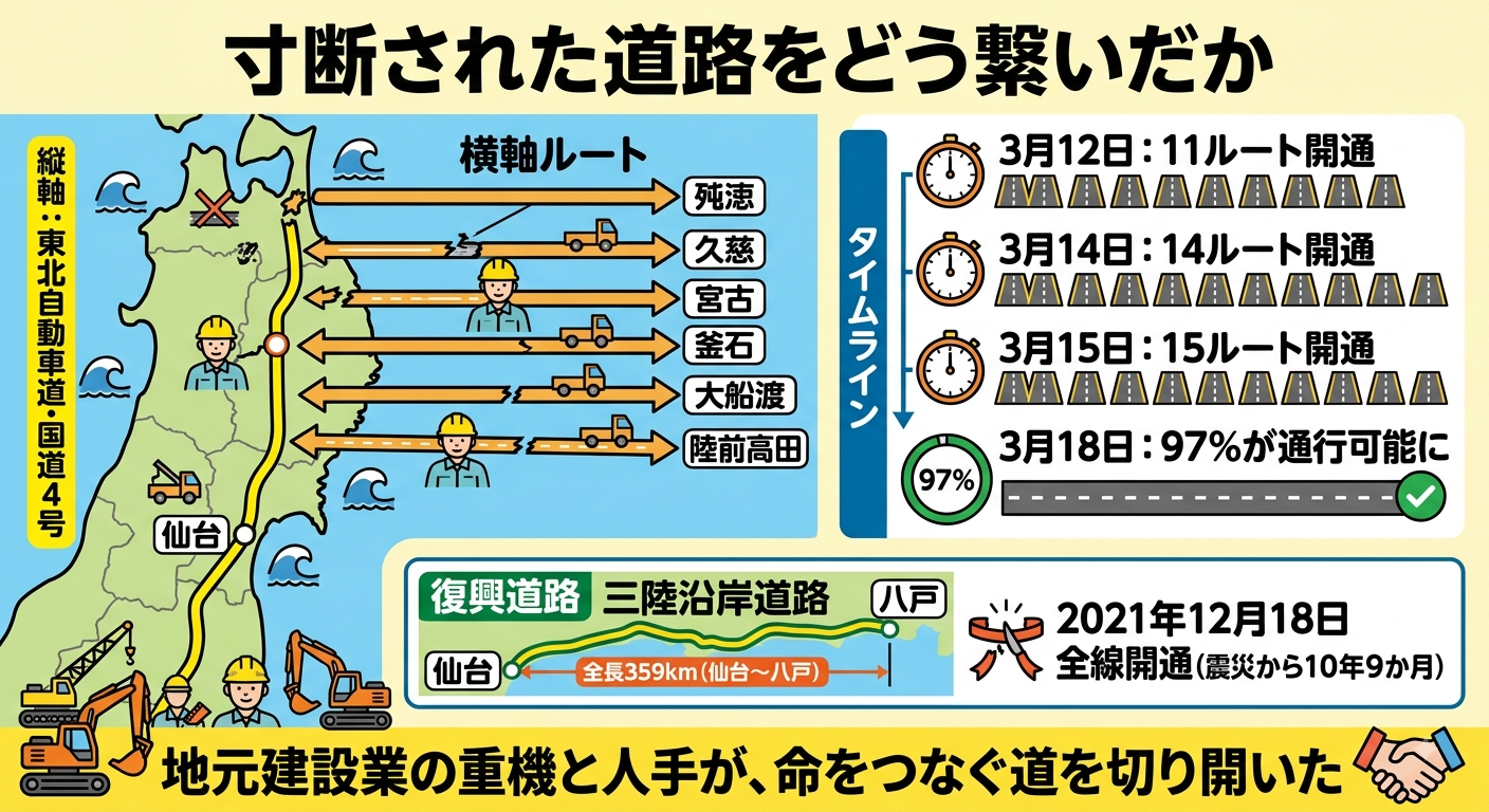 くしの歯作戦と復興道路インフォグラフィック。東北自動車道・国道4号の縦軸から三陸沿岸各都市への横軸ルートがくしの歯状に開通していく様子を図解。3月12日11ルート・3月14日14ルート・3月15日15ルート開通、3月18日97%が通行可能というタイムラインと、復興道路 三陸沿岸道路が全長359km(仙台〜八戸)、2021年12月18日に震災から10年9か月で全線開通したデータを掲載