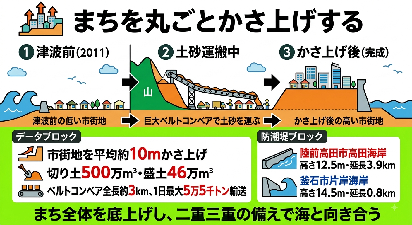 陸前高田の復興まちづくりインフォグラフィック。津波前の低い市街地からベルトコンベアで山の土砂を運びかさ上げ後の高い市街地に至る3段階を図解。市街地を平均約10mかさ上げ、切り土500万m³・盛土46万m³、ベルトコンベア全長約3km・1日最大5万5千トン輸送というデータと、陸前高田市高田海岸(高さ12.5m・延長3.9km)・釜石市片岸海岸(高さ14.5m・延長0.8km)の防潮堤を掲載