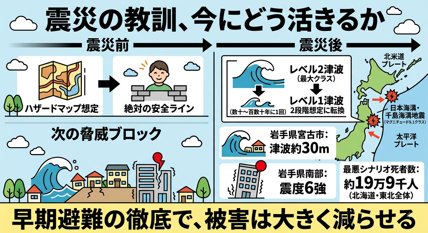 東日本大震災の教訓と次に迫る巨大地震への備えインフォグラフィック。震災前はハザードマップ想定が絶対の安全ラインだったが、震災後はレベル1津波(数十〜百数十年に1回)とレベル2津波(最大クラス)の2段階想定に転換したことを図解。次の脅威として日本海溝・千島海溝地震(マグニチュード9.1クラス)、岩手県宮古市で津波約30m、岩手県南部で震度6強、最悪シナリオ死者数約19万9千人(北海道・東北全体)というデータを掲載