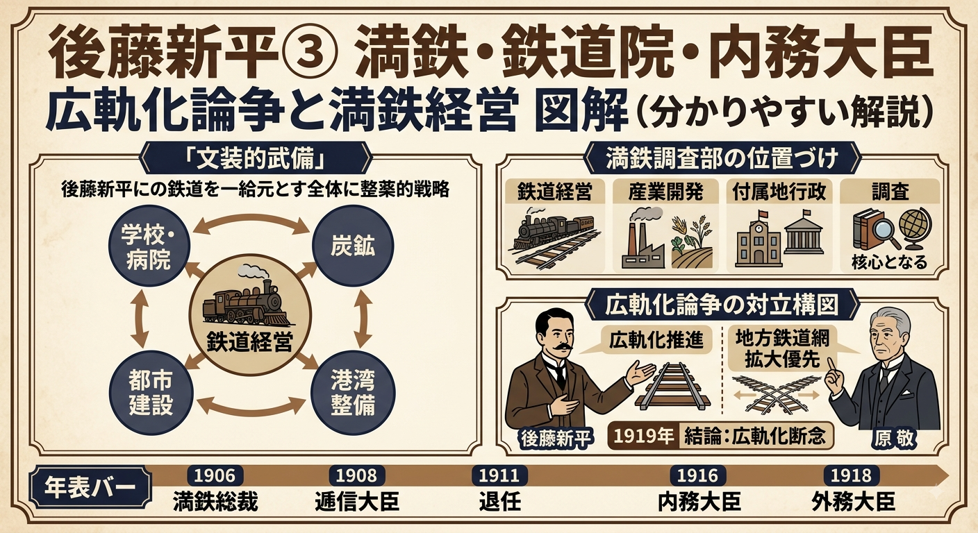 後藤新平③満鉄・鉄道院・内務大臣時代インフォグラフィック。「文装的武備」構想(鉄道経営を表看板に学校・病院・炭鉱・都市建設・港湾整備を展開)、満鉄調査部の四大業務(鉄道経営/産業開発/付属地行政/調査)、広軌化論争(後藤新平の広軌化推進 vs 原敬の地方鉄道網拡大優先、1919年断念)、年表(1906満鉄総裁→1908逓信大臣→1911退任→1916内務大臣→1918外務大臣)を図解