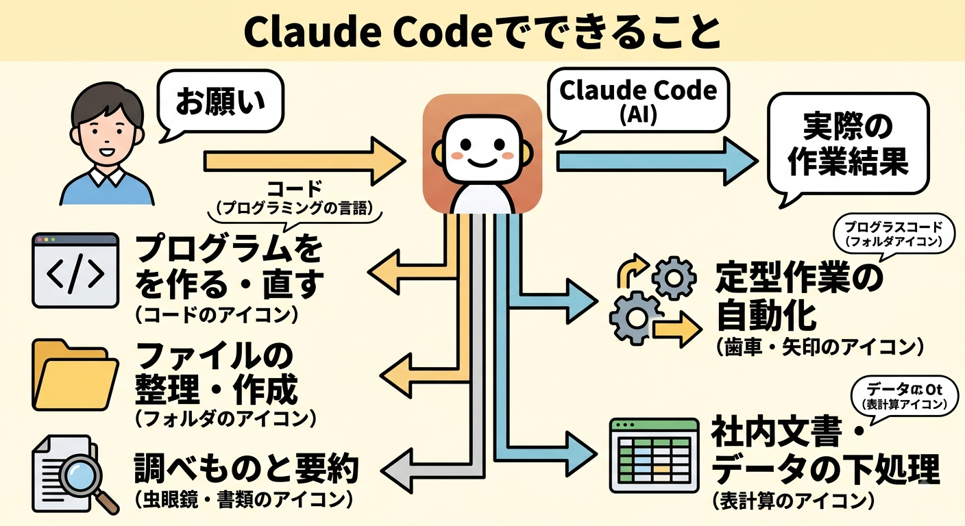 Claude Codeでできること5つ(プログラム作成・修正、ファイル整理・作成、調べものと要約、定型作業の自動化、社内文書・データの下処理)を示すインフォグラフィック