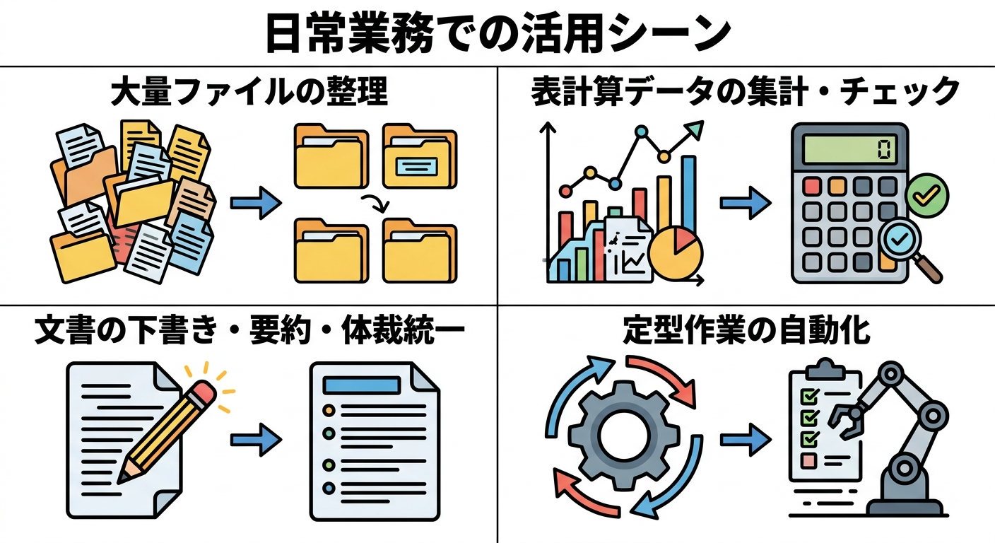 Claude Codeの業務活用シーン4つを示すインフォグラフィック。1.大量ファイルの整理、2.表計算データの集計・チェック、3.文書の下書き・要約・体裁統一、4.定型作業の自動化を並べて図解