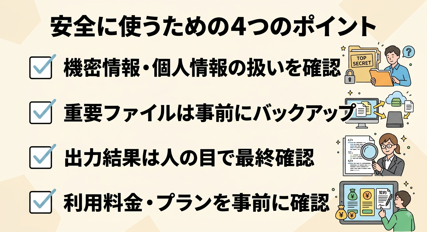 Claude Codeを安全に使うためのチェックリスト。1.機密情報・個人情報の扱いを確認、2.重要ファイルは事前にバックアップ、3.出力結果は人の目で最終確認、4.利用料金・プランを事前に確認、という4項目を図解