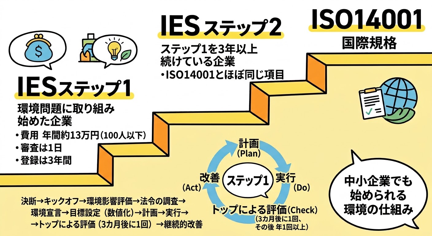 IESステップ1・ステップ2・ISO14001の関係を階段で示した図解。ステップ1は費用年間約13万円、審査は1日、登録は3年間