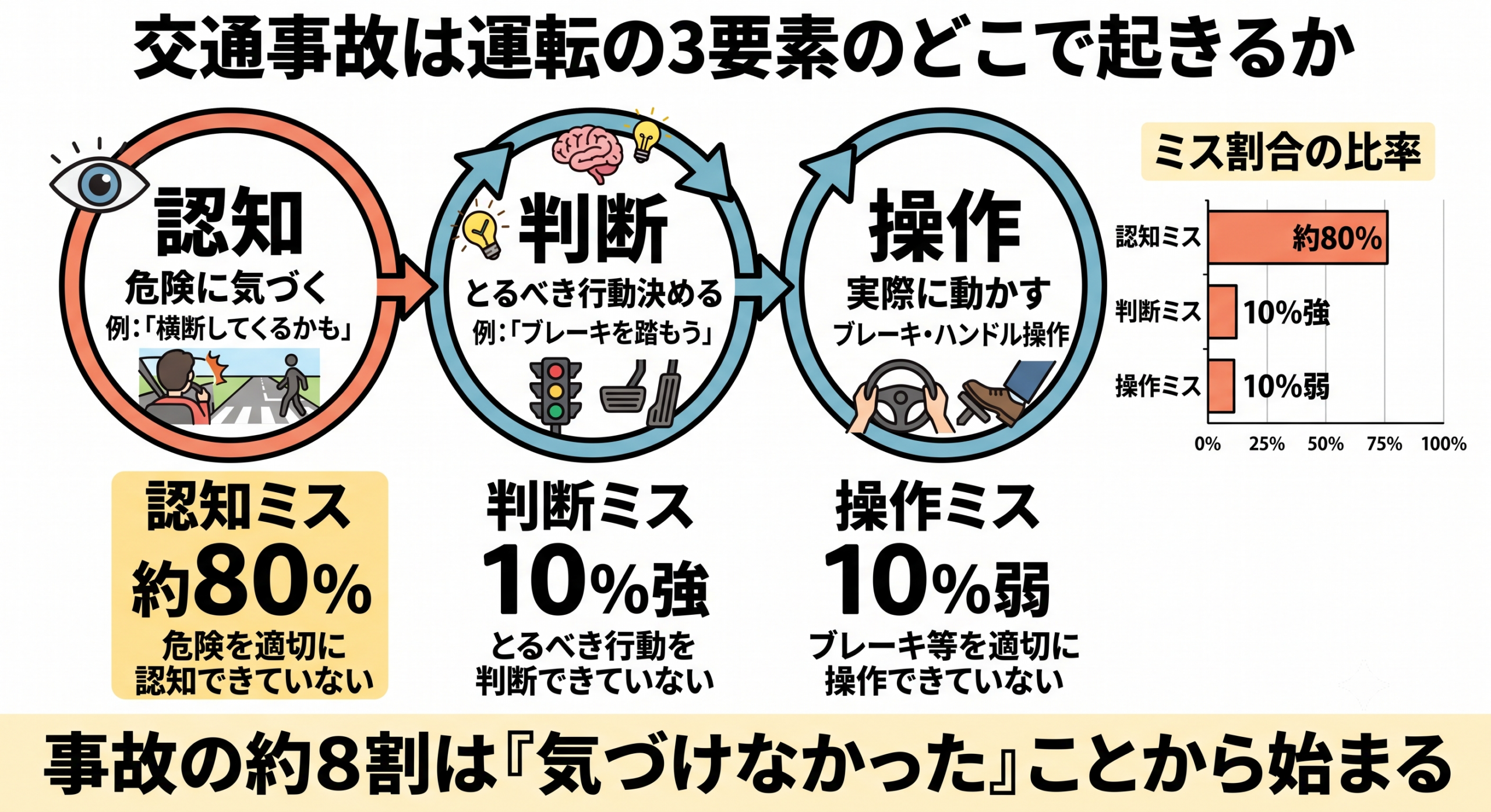 交通事故は運転の3要素のどこで起きるかを示すインフォグラフィック。認知ミス約80%、判断ミス10%強、操作ミス10%弱で、事故の約8割は危険に気づけなかったことから始まる