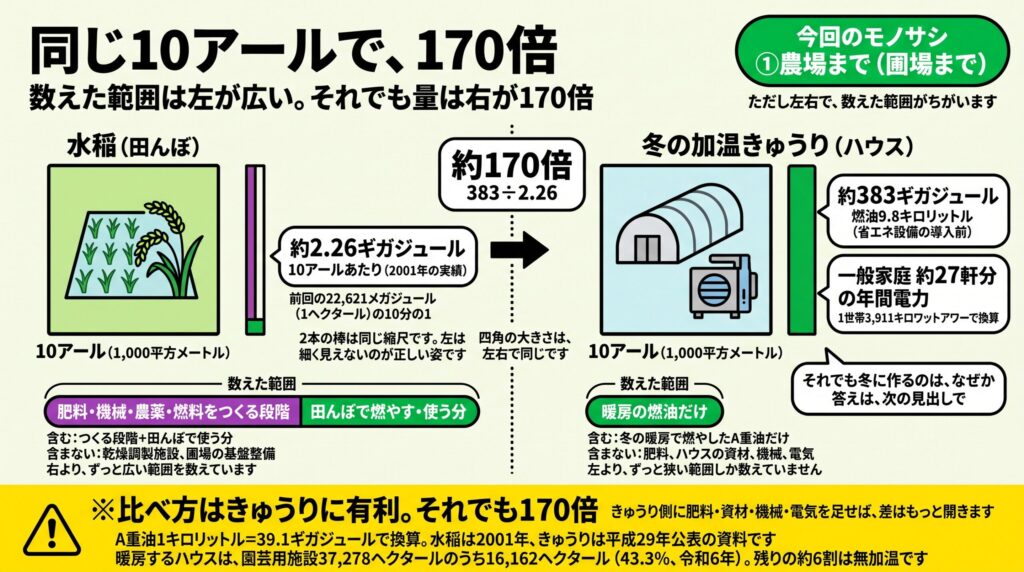 施設園芸の燃料の多さを同じ10アールで比べた図解。左の水稲は10アールあたり約2.26ギガジュール(2001年の実績)で、肥料・機械・農薬・燃料をつくる段階まで含む広い範囲を数えているのに対し、右の冬の加温きゅうりは暖房で燃やしたA重油9.8キロリットル=約383ギガジュール(一般家庭約27軒分の年間電力)だけを数えており、それでも約170倍になる。四角の大きさは左右とも同じ10アール。比べ方はきゅうりに有利で、きゅうり側に肥料や資材を足せば差はさらに開く。暖房設備のあるハウスは園芸用施設37,278ヘクタールのうち16,162ヘクタール(43.3%、令和6年)で、残りの約6割は無加温。