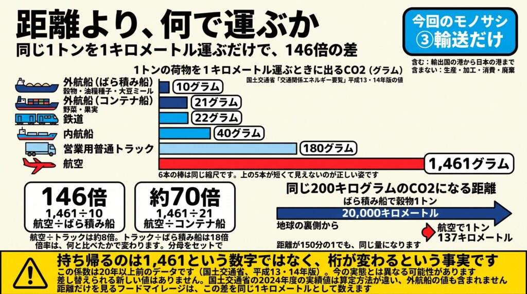 フードマイレージの落とし穴を示す、輸送機関別のCO2排出係数の棒グラフ。1トンの荷物を1キロメートル運ぶときに出るCO2は、外航船のばら積み船(穀物・油糧種子・大豆ミール)が10グラム、外航船のコンテナ船(野菜・果実)が21グラム、鉄道22グラム、内航船40グラム、営業用普通トラック180グラム、航空1,461グラムで、航空はばら積み船の146倍(1,461÷10)、コンテナ船の約70倍(1,461÷21)になる。ばら積み船なら20,000キロメートル運んで200キログラムのCO2だが、航空では137キロメートルで同じ量に達する。範囲は③輸送だけ(輸出国の港から日本の港まで)で、生産・加工・消費・廃棄は含まない。係数は国土交通省「交通関係エネルギー要覧」平成13・14年版の値で、20年以上前のデータ。