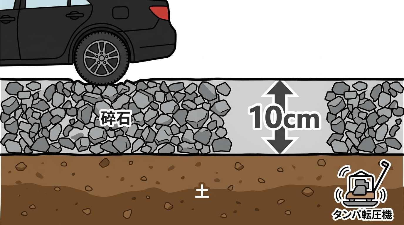 駐車場の断面イラスト。土の上に砕石を10cmの厚さで敷き、その上に車のタイヤが乗っている