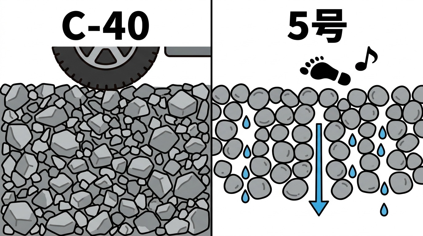 C-40と5号砕石の違いの比較イラスト。C-40は大小の石が詰まりタイヤが沈まない。5号は粒がそろいすき間から水が抜け、歩くと音が鳴る