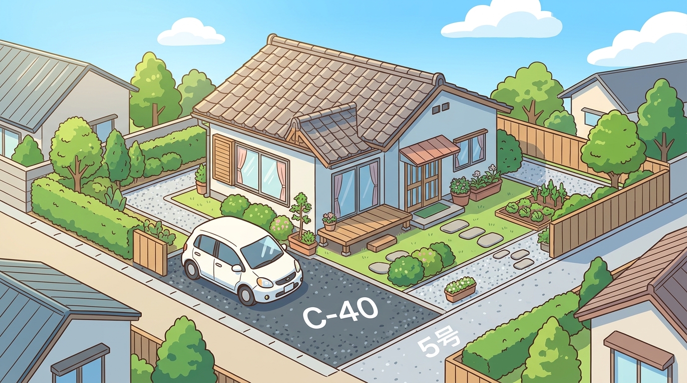 住宅敷地の使い分けイラスト。駐車場にはC-40、家の周りの通路には5号砕石を敷いている