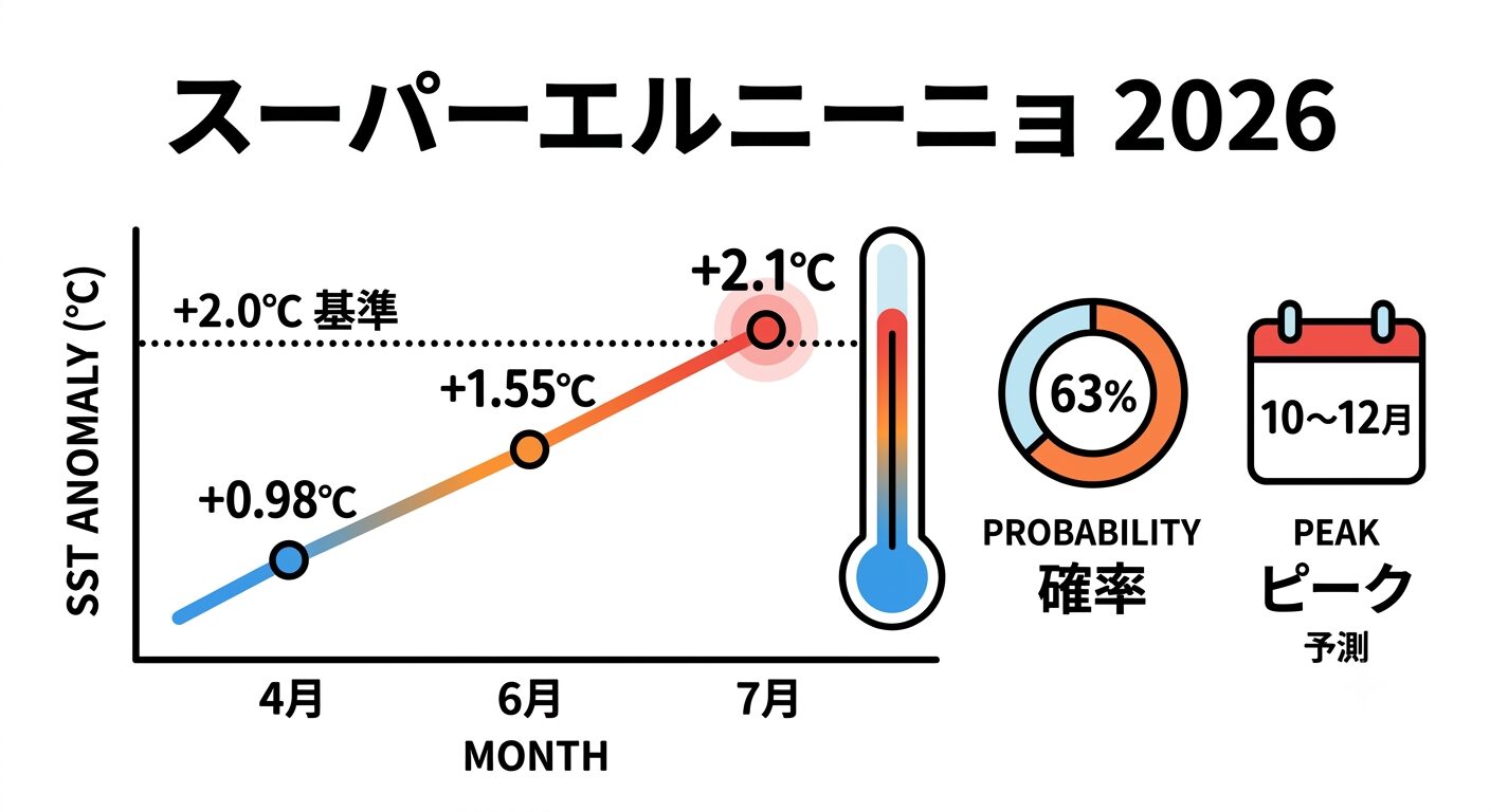 2026年スーパーエルニーニョの海面水温上昇グラフ(4月+0.98度、6月+1.55度、7月+2.1度)と発達確率63%、ピーク時期10〜12月を示すインフォグラフィック