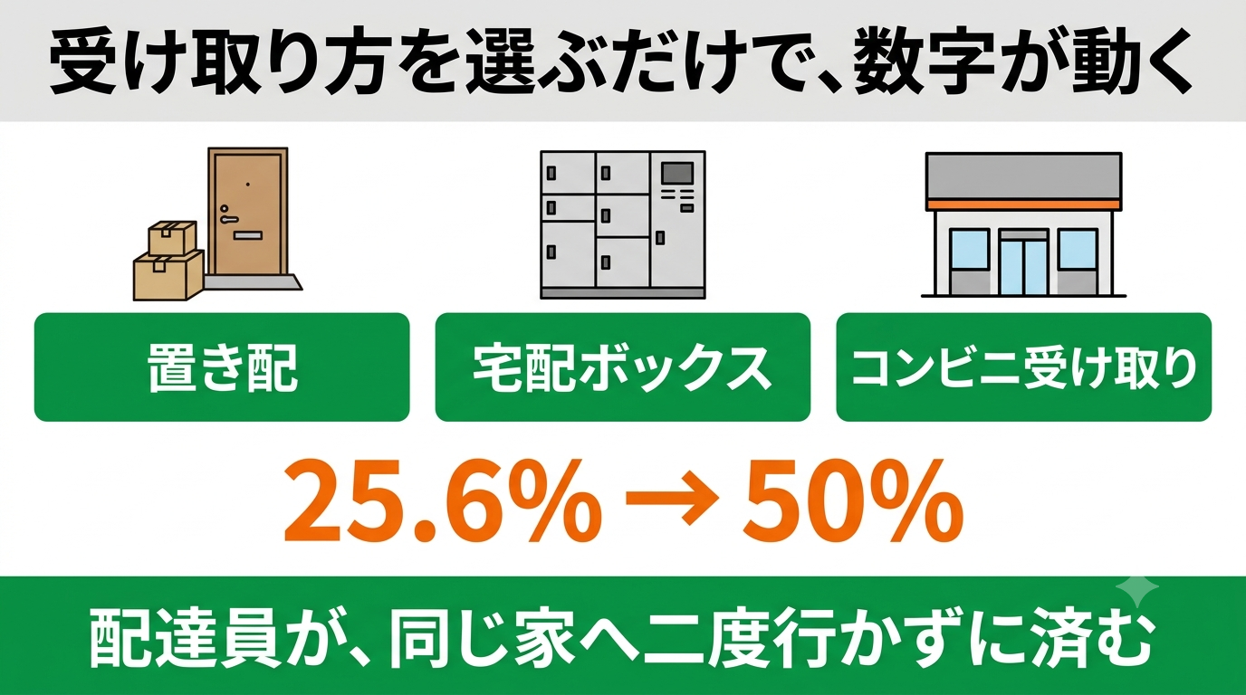 受け取り方を選ぶだけで数字が動く。置き配、宅配ボックス、コンビニ受け取りの利用率を25.6パーセントから50パーセント程度へ引き上げる。配達員が同じ家へ二度行かずに済む。