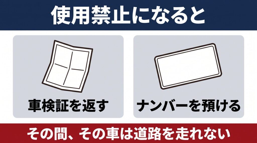 使用禁止になると、車検証を返し、ナンバーを預けることを示す図。その間、その車は道路を走れない。書類とナンバーの板の絵。