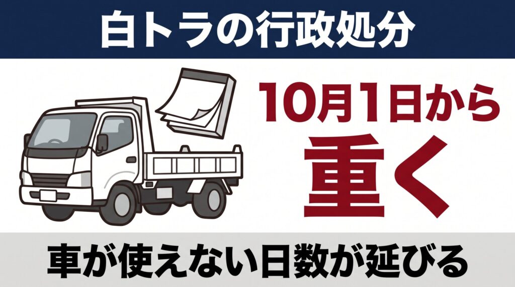 白トラの行政処分が令和8年10月1日から重くなり、車が使えない日数が延びることを示す図。白いトラックとカレンダーの絵。
