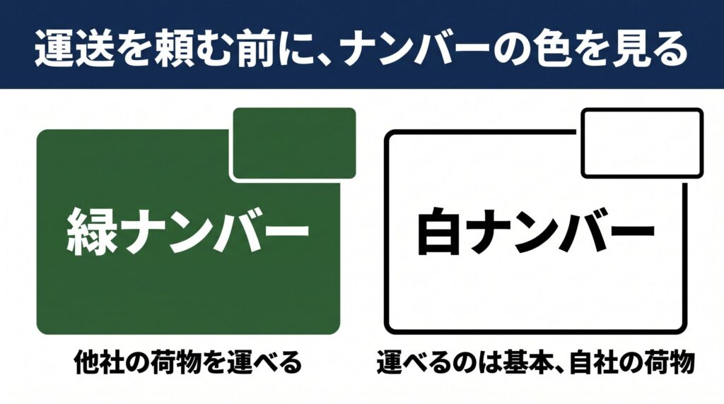 運送を頼む前にナンバーの色を見ることを示す図。緑ナンバーは他社の荷物を運べる。白ナンバーで運べるのは基本、自社の荷物。